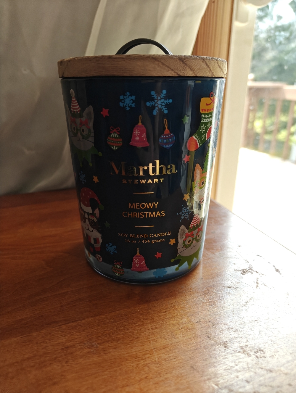 Martha Stewart Navy 'Meowy Christmas' Holiday Candle with Wooden Lid